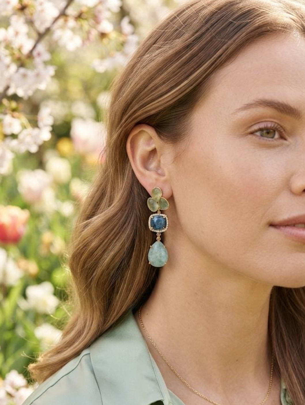 💖 Aretes con Piedras de Quarzo Verde Aqua foto 2